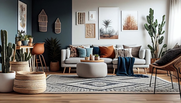 Elegante y moderna sala de estar inspirada en boho AI