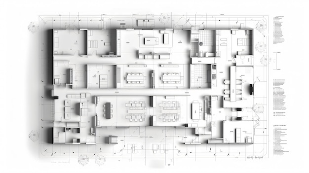 Elegante y moderno dibujo de planta en blanco y negro de un lujoso edificio de oficinas Perfecto para arquitectos, agentes inmobiliarios y diseñadores de interiores