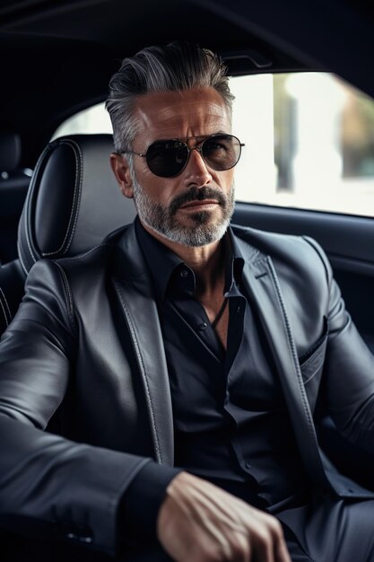 Elegante moderno moderno homem de meia-idade em um carro de luxo