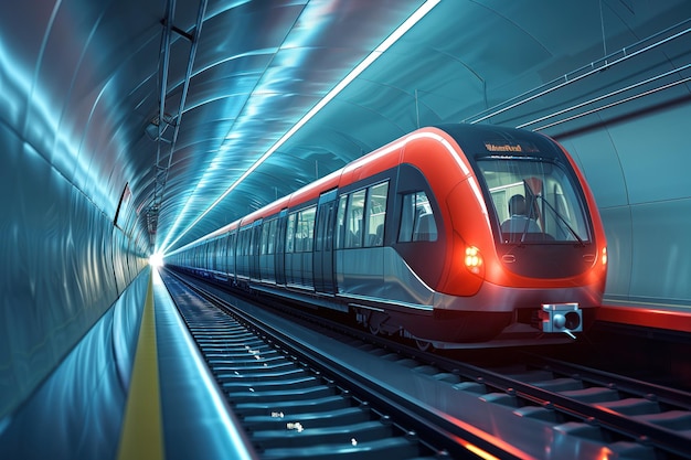 Un elegante y moderno sistema de tren de vagones futurista bajo el metro generativo ai