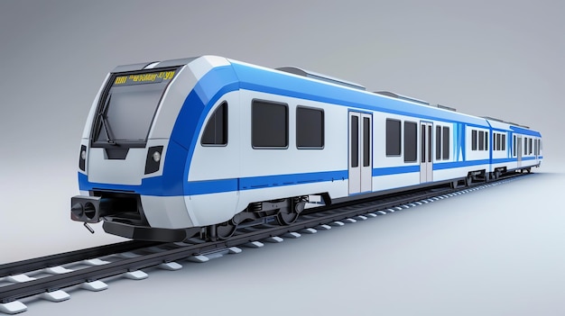 Un elegante y moderno tren de cercanías corre a toda velocidad por las vías su exterior azul y blanco brillando a la luz del sol