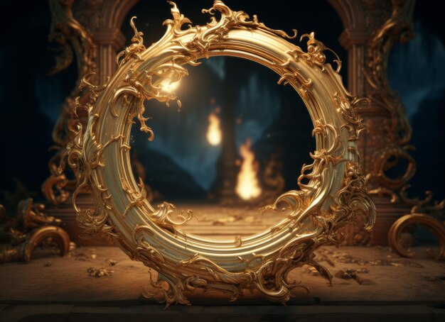 Elegante moldura de espelho dourado com fogo borrado no reflexo moldura de estilo barroco
