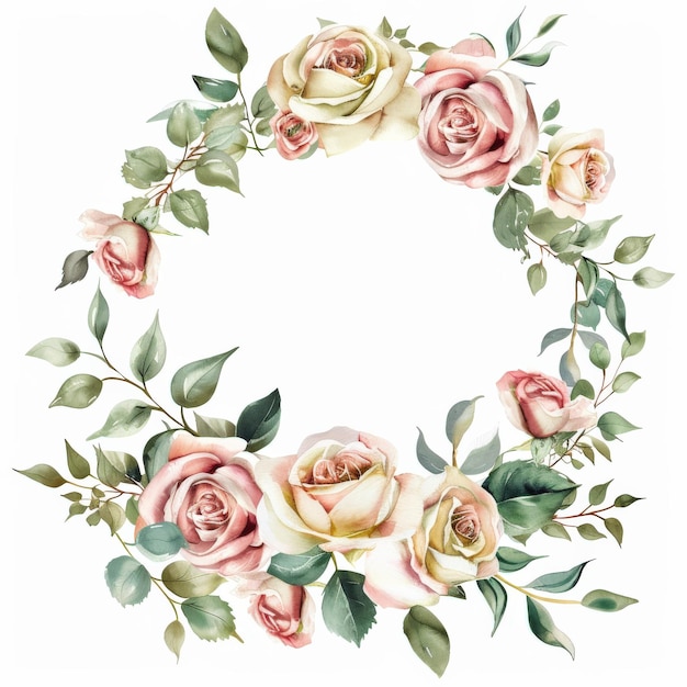 Elegante moldura floral com delicadas rosas pastel e vegetação perfeita para convites casamentos e decorações sazonais