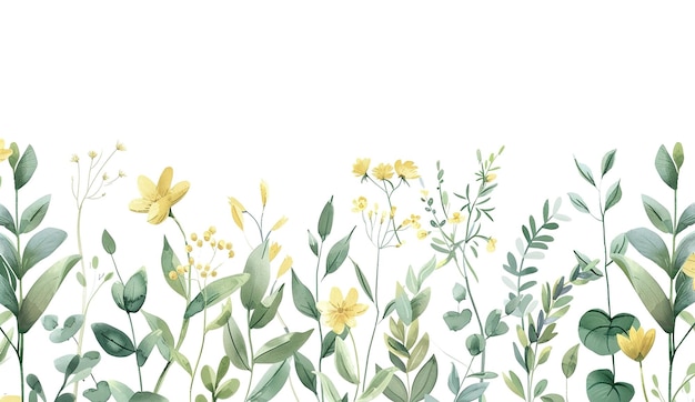 Elegante moldura floral com folhas verdes exuberantes e flores amarelas perfeitas para convites saudações e decoração de parede