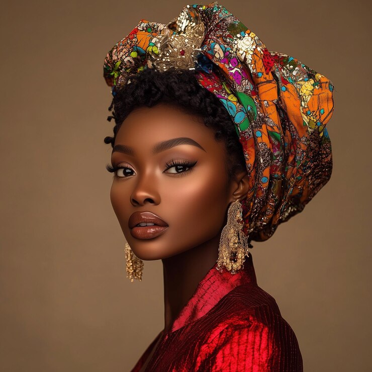 Elegante mujer africana con colorido pañuelo en la cabeza