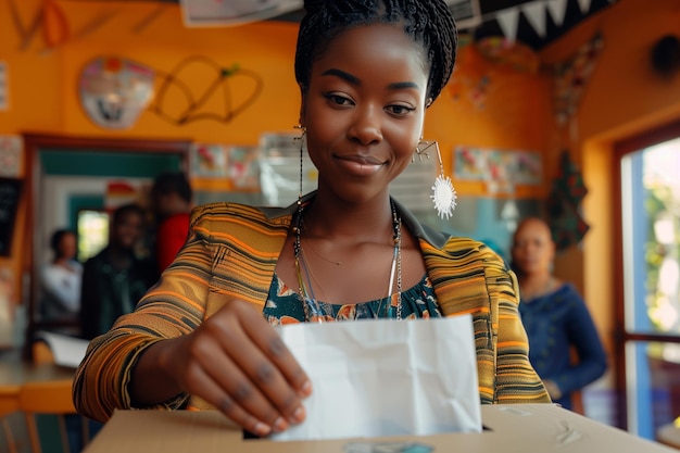 Una elegante mujer africana emitiendo su voto en un centro de votación durante la temporada electoral