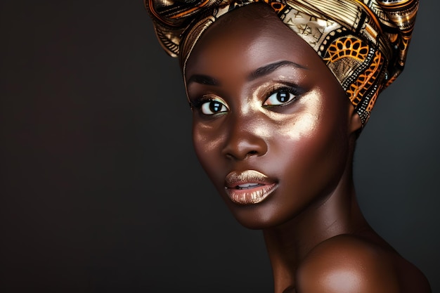 Elegante mujer africana con envoltura de oro en la cabeza