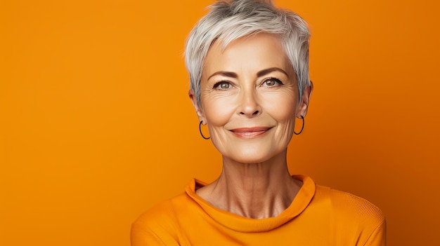 Elegante mujer anciana chic sonriente con cabello gris y corte de pelo corto en un estandarte de fondo amarillo.