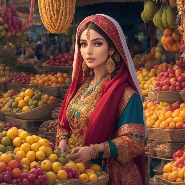 Foto una elegante mujer árabe con el cabello entrelazado en un mercado de frutas callejero