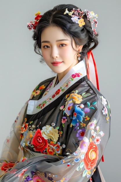 Elegante mujer asiática en kimono floral tradicional con accesorios de cabello adornado posando contra un