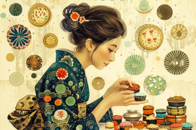 Elegante mujer asiática en kimono tradicional tomando la ceremonia del té Fondo artístico con decoración