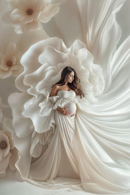 Elegante mujer embarazada en un telón de fondo de flores