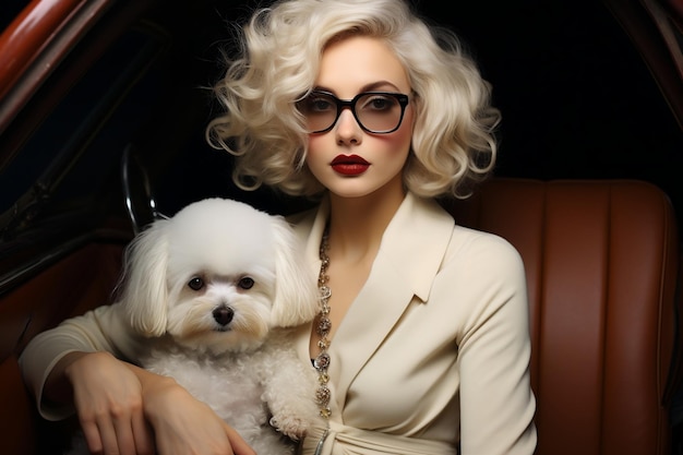 Elegante mujer joven sentada con un pequeño perro blanco esponjoso al volante
