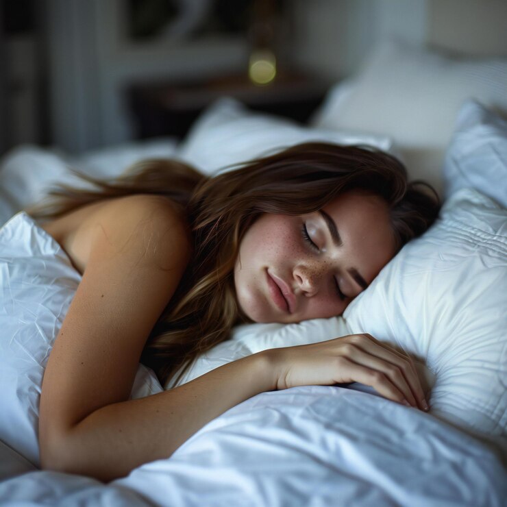 Elegante mujer joven visual durmiendo en la cama ojos cerrados y descansando en una almohada en casa o en un hote