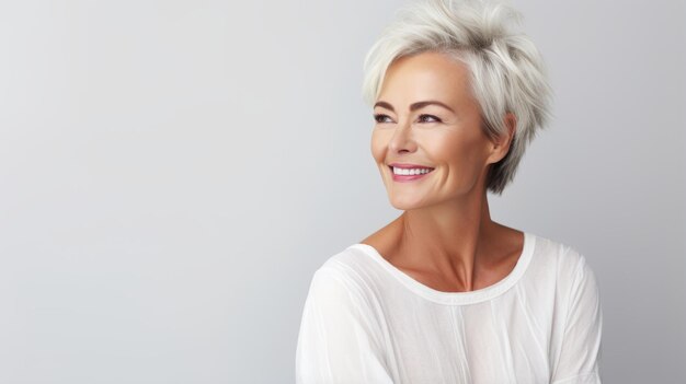 Elegante mujer madura de mediana edad con estilo y ropa informal blanca mirando hacia otro lado y sonriendo