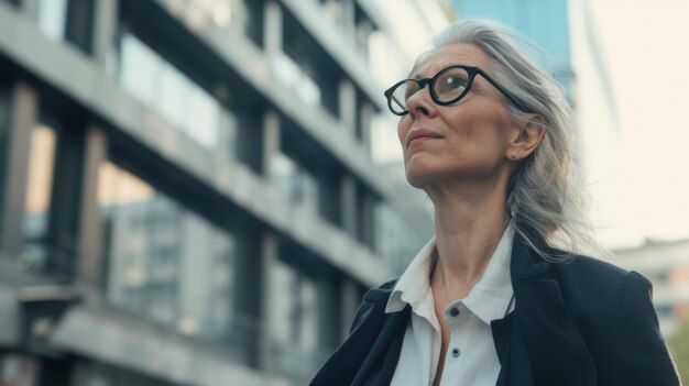 Elegante mujer mayor con gafas mira con confianza hacia adelante el telón de fondo de la vida de la ciudad