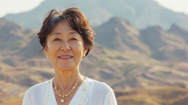 Elegante mujer mayor sonriendo al aire libre en la naturaleza