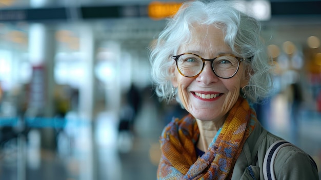 Elegante mujer mayor sonriendo con gafas y bufanda