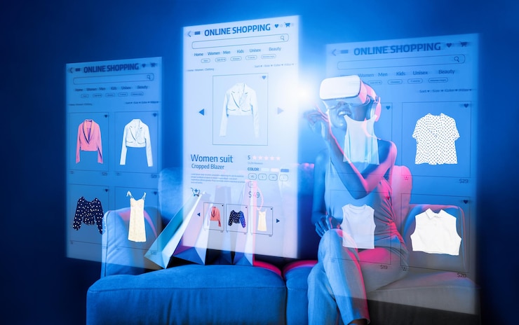 Foto elegante mujer en el metaverso disfruta del producto de la tienda en línea alucinación