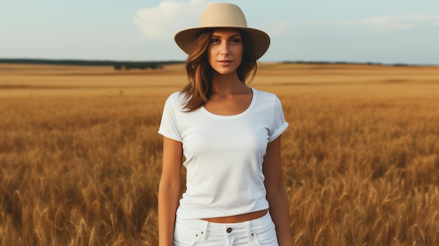 elegante mujer moderna con camiseta blanca de maqueta