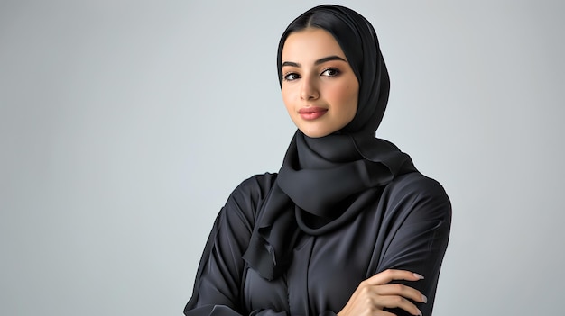 Elegante mujer musulmana en tradicional hijab negro posando con gracia Retrato de estudio profesional de una mujer joven Representación de moda y cultura AI