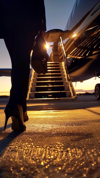 Foto elegante mujer de negocios a bordo de un jet privado al anochecer