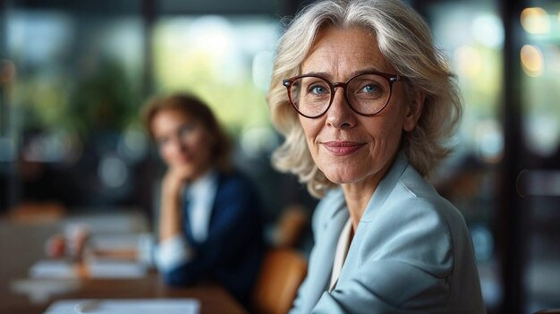 Foto elegante mujer de negocios con gafas que se ve confiada en un entorno de oficina moderno