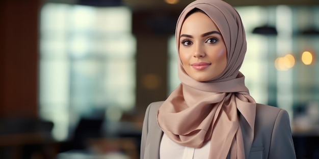Una elegante mujer de negocios musulmana contra un fondo de oficina suavemente borroso