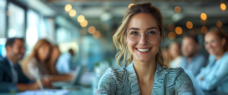 Una elegante mujer de negocios de pie con los brazos cruzados sonriendo