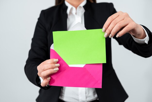 Elegante mujer de negocios poniendo un memorando importante en un sobre para enviar una mujer con traje sosteniendo una carta comercial en las manos enviando un mensaje crucial a través del correo