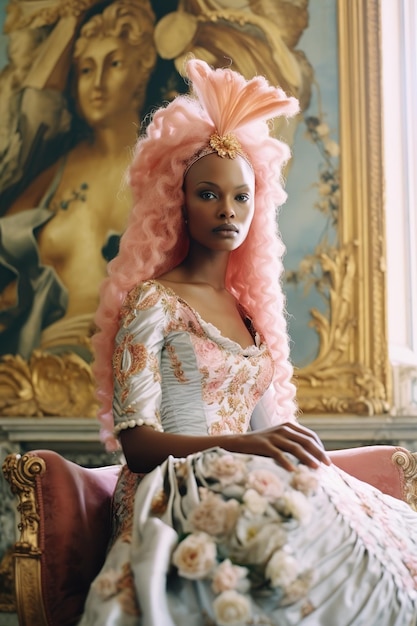 Elegante mujer negra en vestido vintage con peluca de lujo