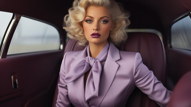 Una elegante mujer de oficina en traje púrpura dentro del coche IA generativa