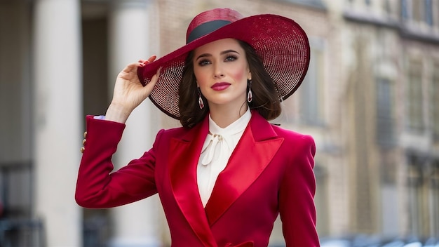 Elegante mulher bonita com um terno vermelho à moda e chapéu largo