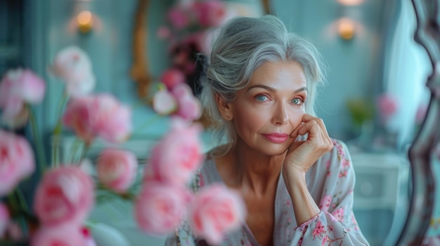 Foto elegante mulher de meia-idade com cabelos grisalhos sentada pensativa entre flores cor-de-rosa