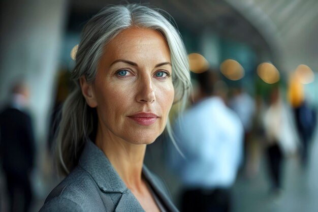 Elegante mulher de negócios de meia-idade com cabelos grisalhos se destaca entre os colegas em um ambiente corporativo