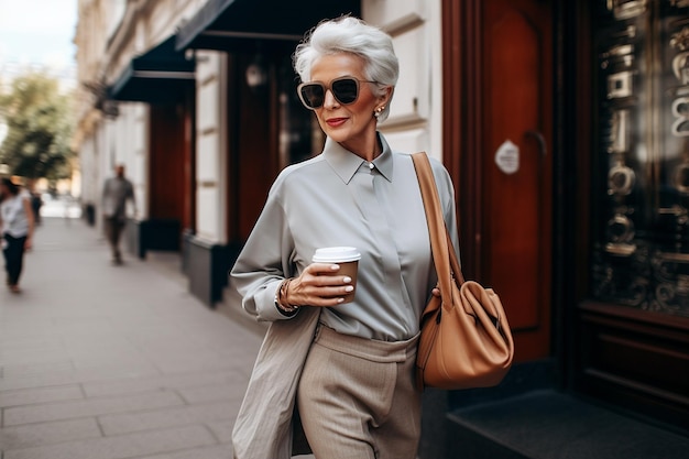 Elegante mulher sênior caminhando pela rua da cidade