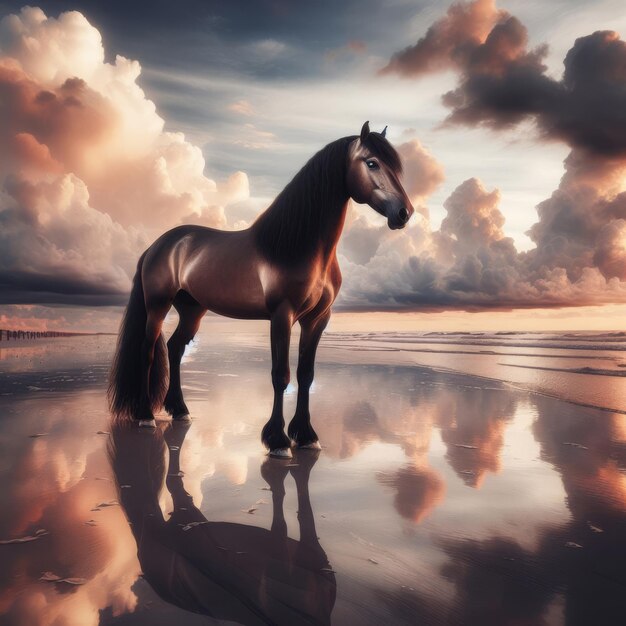 Un elegante mustang de pie en la playa bajo el fondo del cielo nublado de la noche reflejo armonioso