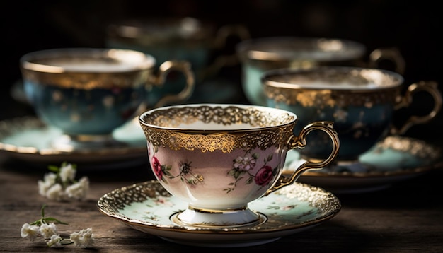 Una elegante naturaleza muerta de tazas de café de cerámica antigua apiladas en alto generada por IA