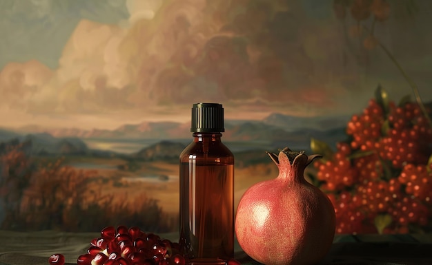 Elegante natureza morta com romã uma garrafa de óleo essencial e sementes espalhadas contra o fundo da pintura clássica