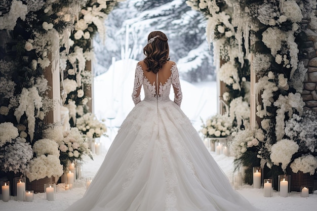 elegante novia antes del arco de la boda en invierno