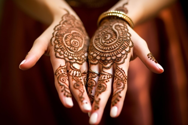 Elegante novia henna que adorna la mano y la belleza.