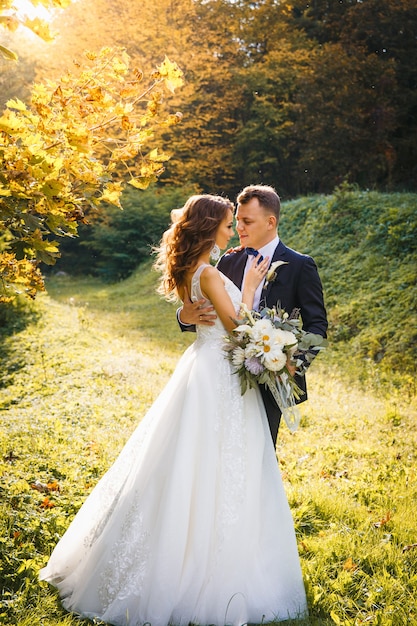 Elegante novia rizada y elegante novio abrazándose en el prado verde