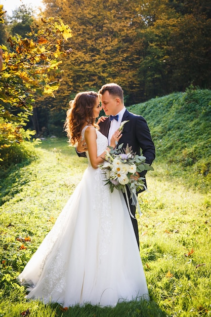 Elegante novia rizada y elegante novio abrazándose en el prado verde