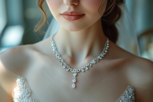 Elegante novia en vestido de novia con collar de diamantes con IA generativa