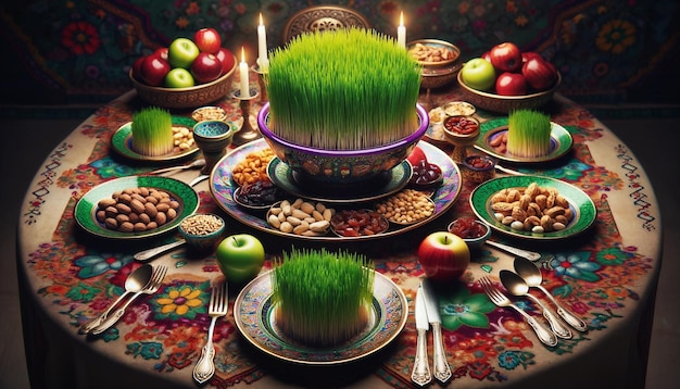 Elegante Nowruz HaftSeen con el símbolo del renacimiento de terciopelo púrpura