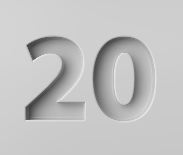 El elegante número blanco 20 veinte con una sombra sutil en relieve en fondo gris Ilustración 3D