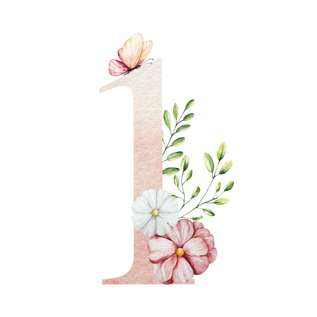 Elegante número uno con flores y hojas mariposa acuarela gerbera manzana equinácea mano