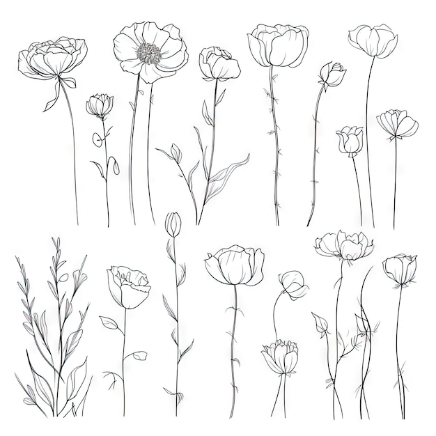 Elegante OneLine-Zeichnung von Blumen mit Blättern