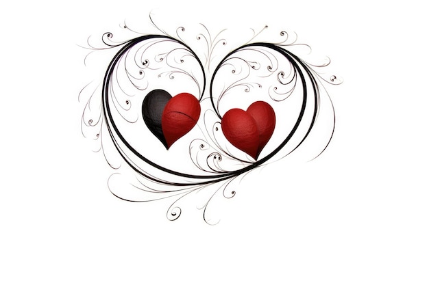 Elegante ornamento caligráfico de dos corazones rojos giratorios y líneas rizadas sobre un fondo blanco
