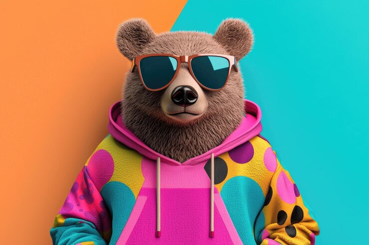 Elegante oso con una colorida sudadera con capucha y gafas de sol Ilustración con vibración de arte pop